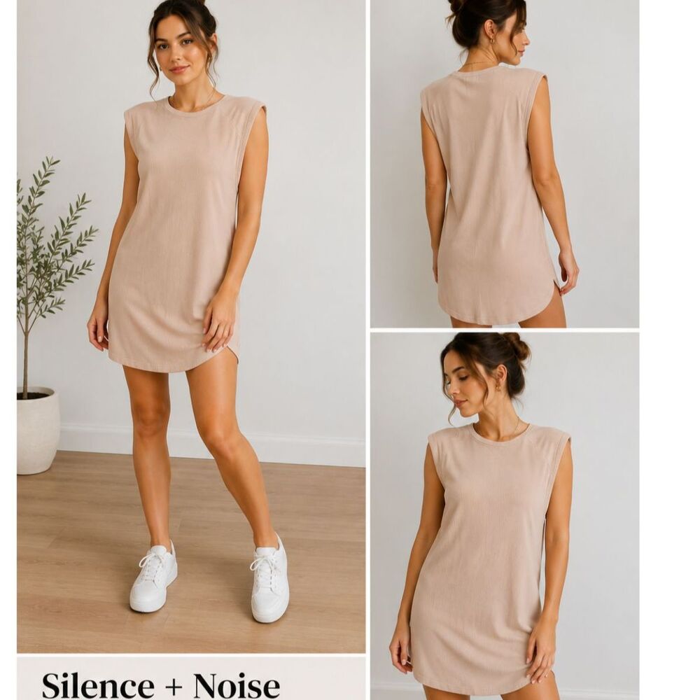 Silence + Noise Mini Dress S Nude Ribbed Asymmetrical Neck Padded Shoulder